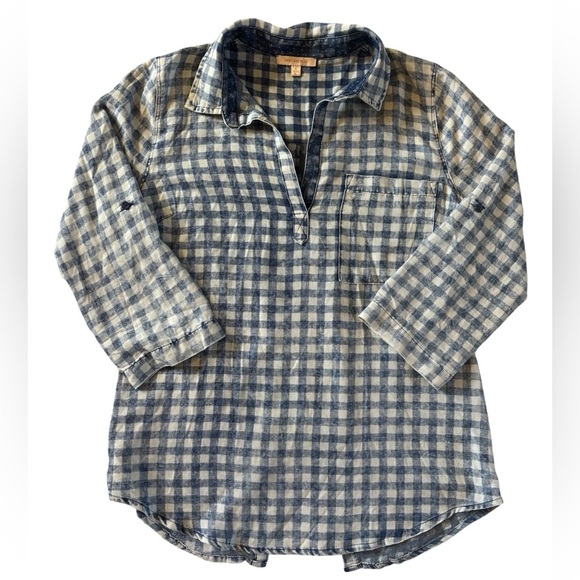 Skies Are Blue Tops - Blue & White Gingham Cotton Pullover Shirt | Back Button Detail | Casual XL